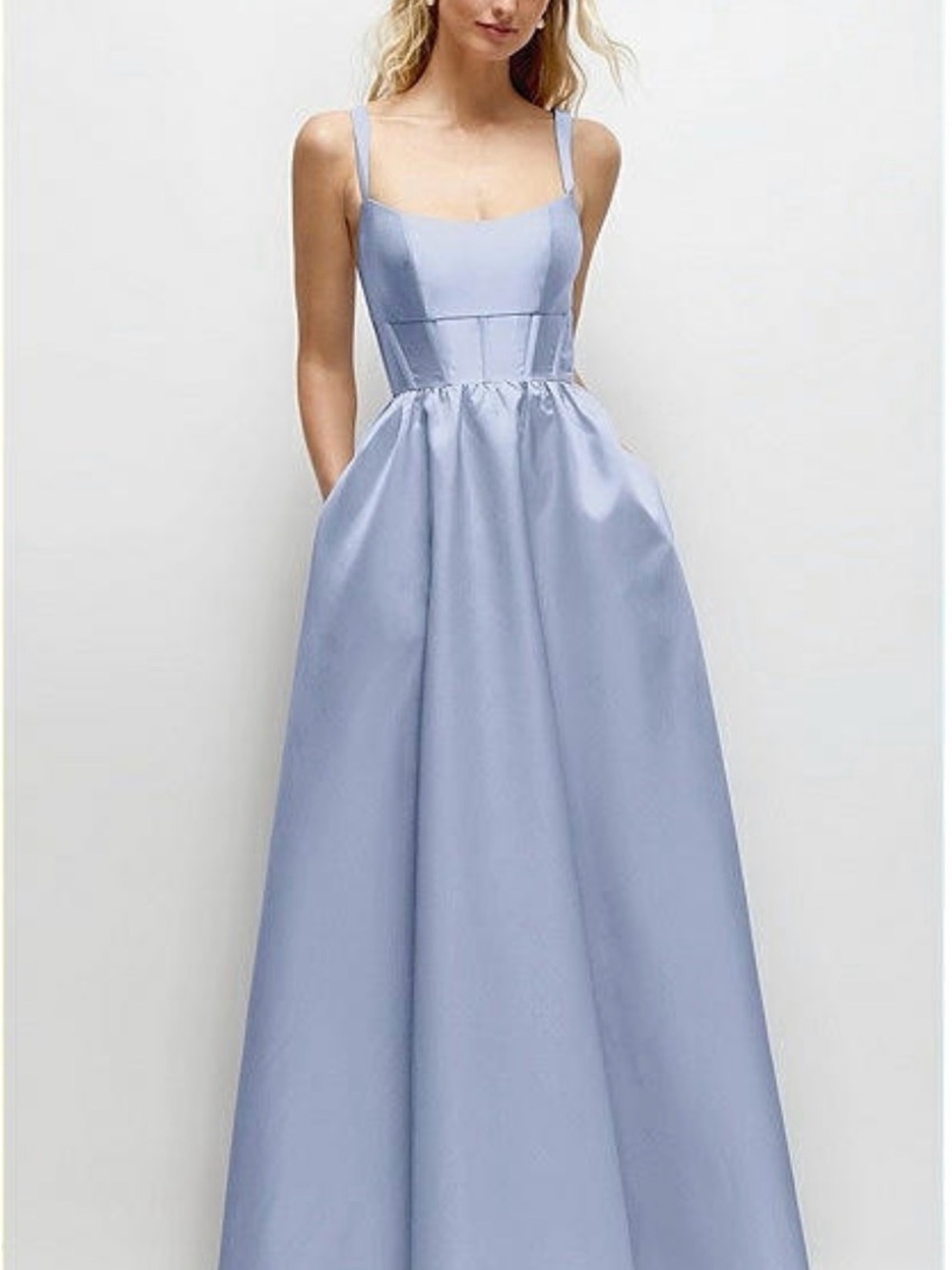 SCOOP NECK INSET CORSET SATIN MAXI DRESS WITH POCKETS IN SKY BLUE